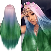 baratos Perucas de festa-Perucas azuis para mulheres peruca sintética reta natural peruca de parte do meio de comprimento médio A15 A16 A17 A18 A19 cabelo sintético perucas de festa de Halloween azul e branca