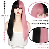 お買い得  トレンドの合成ウィッグ-女性用ピンクウィッグ合成ウィッグナチュラルストレートニートバングウィッグ24インチa15a16 a17 a18a19人工毛女性のコスプレパーティーファッションブラックピンク