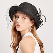 billige Partyhatter-Hatter Hodebekledning Stråhatter Tyll Strå Bøttehatt Stråhatt Solhatt Uformell Ferie Melbourne Cup Cocktail Royal Ascot Vintage Stil Med Fjær Applikasjoner Hodepryd Racedag Kjole