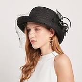 billige Partyhatter-Hatter Hodebekledning Stråhatter Tyll Strå Bøttehatt Stråhatt Solhatt Uformell Ferie Melbourne Cup Cocktail Royal Ascot Vintage Stil Med Fjær Applikasjoner Hodepryd Racedag Kjole