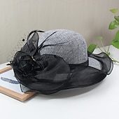 cheap Party Hats-Hats Headwear Straw Hats Tulle Linen /  Blend Bucket Hat Straw Hat Sun Hat Casual Holiday Kentucky Derby Melbourne Cup Vintage Style Elegant With Feather Appliques Headpiece Headwear Race Day Dress