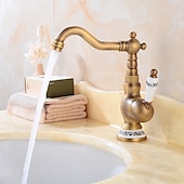 cheap Classical-Bathroom Sink Faucet,Antique Brass Retro Style Single Handle One Hole Standard Spout Rotatable Faucet Set with Ceramic Handle and Hot/Cold Water