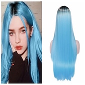 baratos Perucas de festa-Perucas azuis para mulheres peruca sintética reta natural peruca de parte do meio de comprimento médio A15 A16 A17 A18 A19 cabelo sintético perucas de festa de Halloween azul e branca