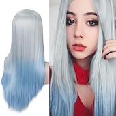 baratos Perucas de festa-Perucas azuis para mulheres peruca sintética reta natural peruca de parte do meio de comprimento médio A15 A16 A17 A18 A19 cabelo sintético perucas de festa de Halloween azul e branca