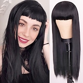 お買い得  トレンドの合成ウィッグ-女性用ピンクウィッグ合成ウィッグナチュラルストレートニートバングウィッグ24インチa15a16 a17 a18a19人工毛女性のコスプレパーティーファッションブラックピンク