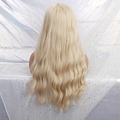levne Párty paruky-Blond paruky pro ženy syntetická paruka hluboká vlnitá úhledná třásňová paruka střední délka syntetické vlasy pro ženy cosplay párty móda blond halloween paruky