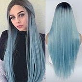 billige Syntetiske trendy parykker-grå parykker for kvinner syntetisk parykk naturlig rett midtdel parykk langt syntetisk hår dame cosplay midtparti svart hvit 26 tommers julefestparykker