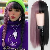 お買い得  トレンドの合成ウィッグ-女性用ピンクウィッグ合成ウィッグナチュラルストレートニートバングウィッグ24インチa15a16 a17 a18a19人工毛女性のコスプレパーティーファッションブラックピンク