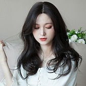 economico Parrucche trendy sintetiche-parrucche nere per le donne parrucche sintetiche lunghe con frangetta naturale diritto ondulato marrone scuro/parrucche nere per le donne parrucche cosplay parrucche in fibra resistente al calore