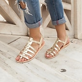 abordables Sandalias Informales-Mujer Sandalias Zapatos romanos Diario Playa Color sólido Verano Tacón Plano Dedo redondo Puntera abierta Vintage Clásico Cuero Sintético PU Sintéticos Hebilla Marrón Claro Negro Dorado