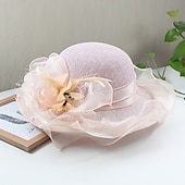 cheap Party Hats-Hats Headwear Straw Hats Tulle Linen /  Blend Bucket Hat Straw Hat Sun Hat Casual Holiday Kentucky Derby Melbourne Cup Vintage Style Elegant With Feather Appliques Headpiece Headwear Race Day Dress