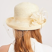 billige Partyhatter-Hatter Hodebekledning Stråhatter Tyll Strå Bøttehatt Stråhatt Solhatt Uformell Ferie Melbourne Cup Cocktail Royal Ascot Vintage Stil Med Fjær Applikasjoner Hodepryd Racedag Kjole