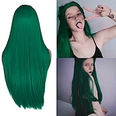 baratos Perucas de festa-Perucas azuis para mulheres peruca sintética reta natural peruca de parte do meio de comprimento médio A15 A16 A17 A18 A19 cabelo sintético perucas de festa de Halloween azul e branca