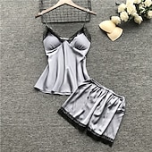 cheap Women&#039;s Sleepwear-Women&#039;s Lace Satin Silk Pajamas Sets 4 Pcs Home Party Daily Elastic Waist Pure Color Satin Simple Casual Soft Strap Top Shorts Fall Winter Spring Strap Short Sleeves Long Sleeve Home Outfits