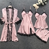 cheap Women&#039;s Sleepwear-Women&#039;s Lace Satin Silk Pajamas Sets 4 Pcs Home Party Daily Elastic Waist Pure Color Satin Simple Casual Soft Strap Top Shorts Fall Winter Spring Strap Short Sleeves Long Sleeve Home Outfits