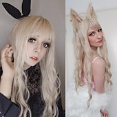 levne Párty paruky-Blond paruky pro ženy syntetická paruka hluboká vlnitá úhledná třásňová paruka střední délka syntetické vlasy pro ženy cosplay párty móda blond halloween paruky