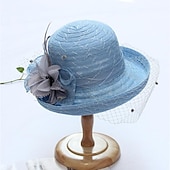 billige Partyhatter-Hatter Hodebekledning Stråhatter Tyll Strå Bøttehatt Stråhatt Solhatt Uformell Ferie Melbourne Cup Cocktail Royal Ascot Vintage Stil Med Fjær Applikasjoner Hodepryd Racedag Kjole
