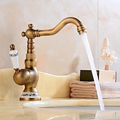 cheap Classical-Bathroom Sink Faucet,Antique Brass Retro Style Single Handle One Hole Standard Spout Rotatable Faucet Set with Ceramic Handle and Hot/Cold Water