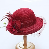 billige Partyhatter-Hatter Hodebekledning Stråhatter Tyll Strå Bøttehatt Stråhatt Solhatt Uformell Ferie Melbourne Cup Cocktail Royal Ascot Vintage Stil Med Fjær Applikasjoner Hodepryd Racedag Kjole
