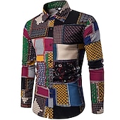 preiswerte Ethnisches Muster-Herren Hemd Knopfhemd Langarm Designer Boho Täglich Ausgehen Ganzjährig Umlegekragen Bedruckt Hemden mit Kragen Hellgrün Dunkelgrün Purpur Regenbogen