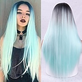 billige Syntetiske trendy parykker-grå parykker for kvinner syntetisk parykk naturlig rett midtdel parykk langt syntetisk hår dame cosplay midtparti svart hvit 26 tommers julefestparykker