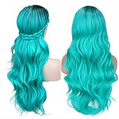 economico Parrucche da festa-parrucche verdi per donne parrucca sintetica parrucca con parte laterale a onde profonde bionda lunghezza media ombre blu ombre verde ombre bionda capelli sintetici parrucca da carnevale cosplay da