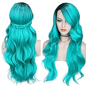 economico Parrucche da festa-parrucche verdi per donne parrucca sintetica parrucca con parte laterale a onde profonde bionda lunghezza media ombre blu ombre verde ombre bionda capelli sintetici parrucca da carnevale cosplay da