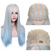 baratos Perucas de festa-Perucas azuis para mulheres peruca sintética reta natural peruca de parte do meio de comprimento médio A15 A16 A17 A18 A19 cabelo sintético perucas de festa de Halloween azul e branca