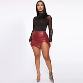 olcso Sima szoknyák-Női Ceruza Bodycon Mini Szoknyák Hasított Fényes fém Egyszínű Éjszakát és speciális alkalomra Randi Nyár Poliuretán Bőrutánzat Szexi Fekete Bor