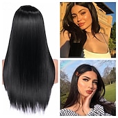 baratos Perucas de festa-Perucas azuis para mulheres peruca sintética reta natural peruca de parte do meio de comprimento médio A15 A16 A17 A18 A19 cabelo sintético perucas de festa de Halloween azul e branca