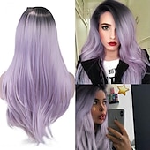 baratos Perucas de festa-Perucas azuis para mulheres peruca sintética reta natural peruca de parte do meio de comprimento médio A15 A16 A17 A18 A19 cabelo sintético perucas de festa de Halloween azul e branca