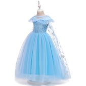 abordables Robes féeriques-enfants filles congelés elsa princesse costumes robe flocon de neige fleur tulle robe fête d&#039;anniversaire paillettes patchwork pleine longueur bleu maxi manches courtes élégant cosplay robes coupe régulière