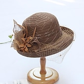 billige Partyhatter-Hatter Hodebekledning Stråhatter Tyll Strå Bøttehatt Stråhatt Solhatt Uformell Ferie Melbourne Cup Cocktail Royal Ascot Vintage Stil Med Fjær Applikasjoner Hodepryd Racedag Kjole