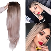 baratos Perucas de festa-Perucas azuis para mulheres peruca sintética reta natural peruca de parte do meio de comprimento médio A15 A16 A17 A18 A19 cabelo sintético perucas de festa de Halloween azul e branca