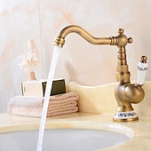 cheap Classical-Bathroom Sink Faucet,Antique Brass Retro Style Single Handle One Hole Standard Spout Rotatable Faucet Set with Ceramic Handle and Hot/Cold Water
