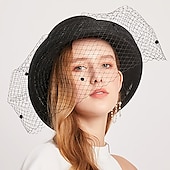 billige Partyhatter-Hatter Hodebekledning Stråhatter Tyll Strå Bøttehatt Stråhatt Solhatt Uformell Ferie Melbourne Cup Cocktail Royal Ascot Vintage Stil Med Fjær Applikasjoner Hodepryd Racedag Kjole
