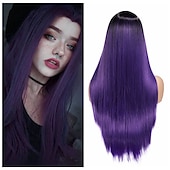 baratos Perucas de festa-Perucas azuis para mulheres peruca sintética reta natural peruca de parte do meio de comprimento médio A15 A16 A17 A18 A19 cabelo sintético perucas de festa de Halloween azul e branca