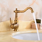 abordables Classiques-Robinet de lavabo de salle de bain en laiton antique, robinets de bain traditionnels à un trou avec eau chaude et froide et valve en céramique