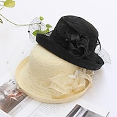 billige Partyhatter-Hatter Hodebekledning Stråhatter Tyll Strå Bøttehatt Stråhatt Solhatt Uformell Ferie Melbourne Cup Cocktail Royal Ascot Vintage Stil Med Fjær Applikasjoner Hodepryd Racedag Kjole