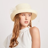 billige Partyhatter-Hatter Hodebekledning Stråhatter Tyll Strå Bøttehatt Stråhatt Solhatt Uformell Ferie Melbourne Cup Cocktail Royal Ascot Vintage Stil Med Fjær Applikasjoner Hodepryd Racedag Kjole