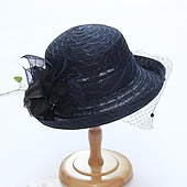 billige Partyhatter-Hatter Hodebekledning Stråhatter Tyll Strå Bøttehatt Stråhatt Solhatt Uformell Ferie Melbourne Cup Cocktail Royal Ascot Vintage Stil Med Fjær Applikasjoner Hodepryd Racedag Kjole