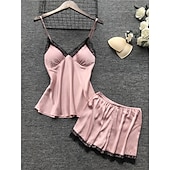 cheap Women&#039;s Sleepwear-Women&#039;s Lace Satin Silk Pajamas Sets 4 Pcs Home Party Daily Elastic Waist Pure Color Satin Simple Casual Soft Strap Top Shorts Fall Winter Spring Strap Short Sleeves Long Sleeve Home Outfits