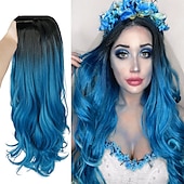 economico Parrucche da festa-parrucche verdi per donne parrucca sintetica parrucca con parte laterale a onde profonde bionda lunghezza media ombre blu ombre verde ombre bionda capelli sintetici parrucca da carnevale cosplay da