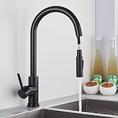 abordables Mitigeurs avec spray-Robinet mitigeur d&#039;évier de cuisine avec pulvérisateur extractible, robinet de récipient rotatif en acier inoxydable, robinet de pulvérisation en mode pluie/cascade, robinet de robinet de cuisine noir et argent avec distributeur de savon