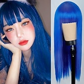 お買い得  トレンドの合成ウィッグ-女性用ピンクウィッグ合成ウィッグナチュラルストレートニートバングウィッグ24インチa15a16 a17 a18a19人工毛女性のコスプレパーティーファッションブラックピンク