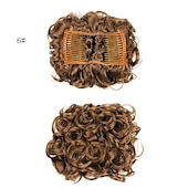 economico Clip nelle estensioni-piatto corto riccio disordinato estensione per chignon pettini per capelli elasticizzati facili clip in vassoio chignon posticci coda di cavallo - dal marrone scuro al ramato chiaro