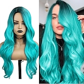 economico Parrucche da festa-parrucche verdi per donne parrucca sintetica parrucca con parte laterale a onde profonde bionda lunghezza media ombre blu ombre verde ombre bionda capelli sintetici parrucca da carnevale cosplay da