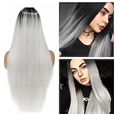 baratos Perucas de festa-Perucas azuis para mulheres peruca sintética reta natural peruca de parte do meio de comprimento médio A15 A16 A17 A18 A19 cabelo sintético perucas de festa de Halloween azul e branca