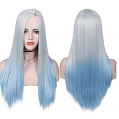 baratos Perucas de festa-Perucas azuis para mulheres peruca sintética reta natural peruca de parte do meio de comprimento médio A15 A16 A17 A18 A19 cabelo sintético perucas de festa de Halloween azul e branca