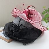 cheap Party Hats-Hats Headwear Straw Hats Tulle Linen /  Blend Bucket Hat Straw Hat Sun Hat Casual Holiday Kentucky Derby Melbourne Cup Vintage Style Elegant With Feather Appliques Headpiece Headwear Race Day Dress